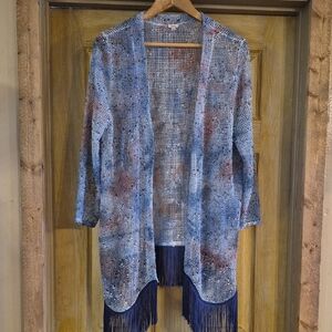 Reba Open Cardigan Fishnet Material With Navy Fringe Hemline Detail Pastel Color